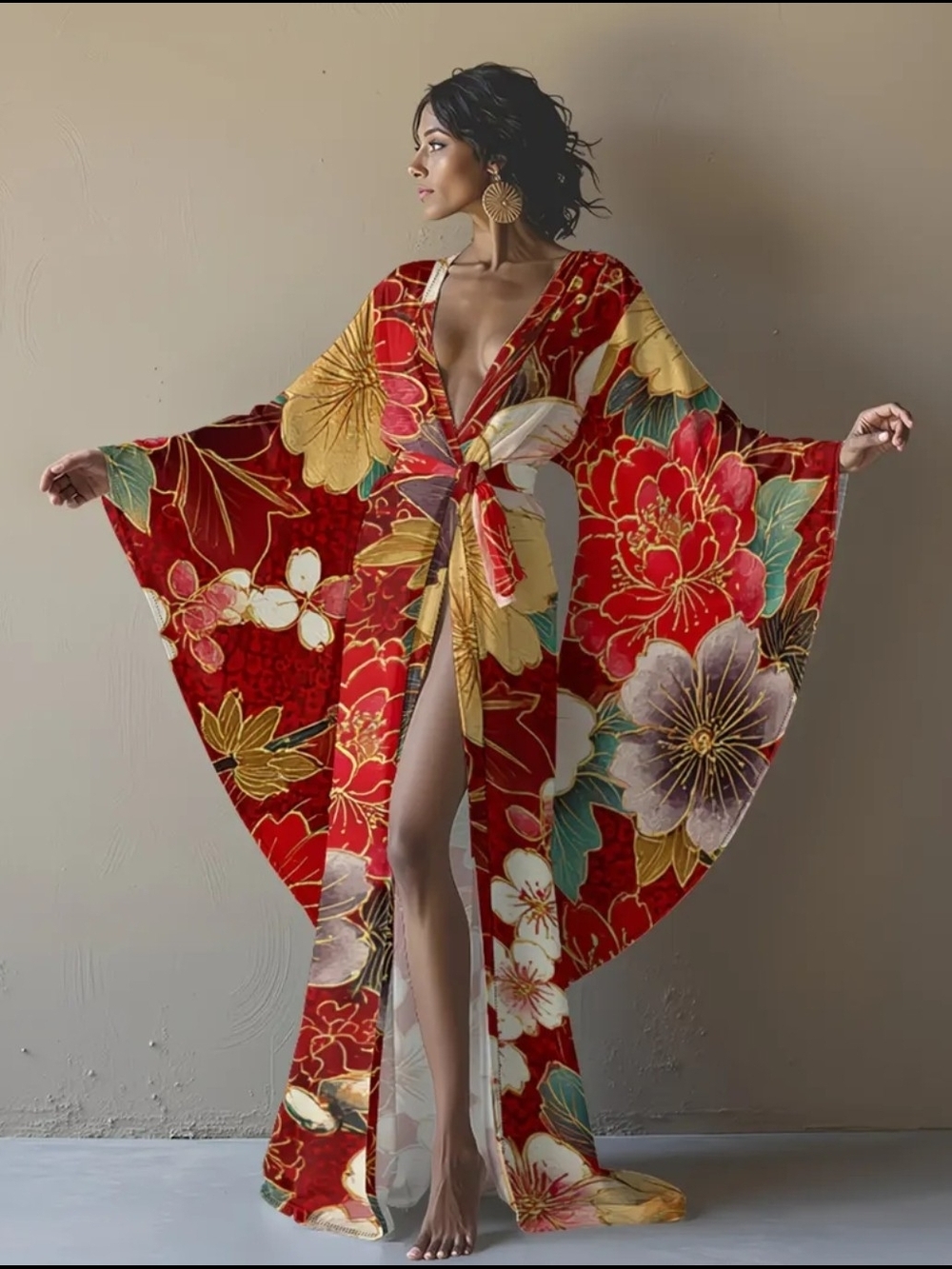 Red Floral Kimono Wrap Dress